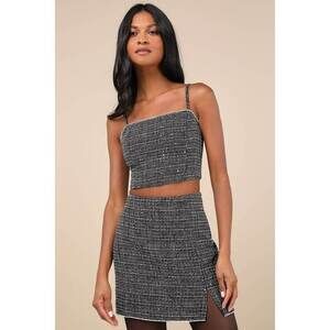 Lulus Charismatically Cute Black Tweed Rhinestone Sleeveless Crop Top - Size M